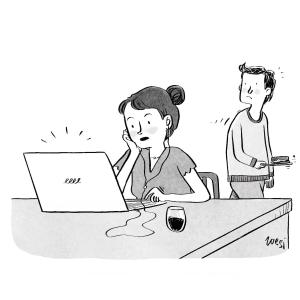 “I’m at my work’s virtual holiday party, drinking my fourth virtual white-wine spritzer, staring at my virtual phone, behind a large virtual potted plant.” New Yorker office Christmas party comic