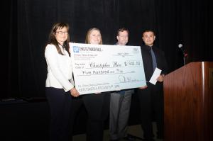 Ann Wang, Lauren Schneider and Thomas Daly of Christie, Parker and Hale present a scholarship to Christopher Bice. Christopher is an emancipated foster youth who is attending the University of La Verne as a junior this fall.
