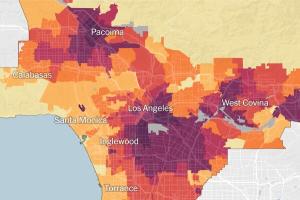 The map shows the intensity of COVID-19 cases in various parts of LA County. The more intense the color, the higher the infection rate. Map of COVID cases in LA County