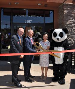 Andrew and Peggy Cherng were joined by Chamber Board Chair Ben Green and the company mascot for hte opening of the first Innovation Kitchen in the world in the Foothill Hastings Ranch area of east Pasadena.