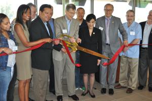 Congresswoman Judy Chu and Mayor Bill Bogaard cut the ribbon to celebrate the opening of the new pavilion at the Rose Bowl.